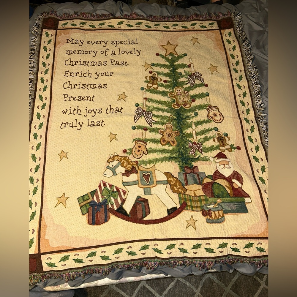 VTG Christmas Tapestry Throw Blanket Fringe Tree Santa Presents Cotton 48x58